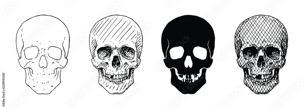 Fototapeta premium Skull icon set showing varied artistic illustrative