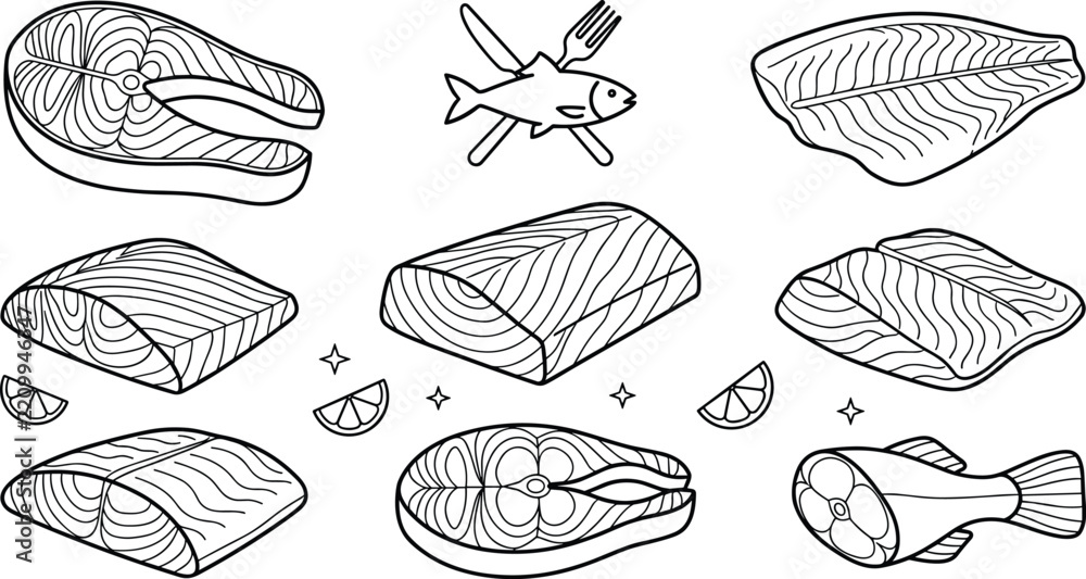 Obraz premium Fish Fillet Vector Icon Set with Fresh Salmon Steaks Tuna Raw Cuts and Lemon Wedges for Seafood Restaurant Menus