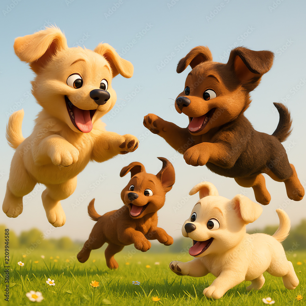 Obraz premium Playful Puppies Frolicking in a Vibrant Meadow