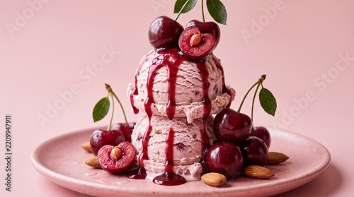 Cherry Delight Ice Cream: A decadent serving of cherry ice cream, adorned with fresh cherries, a drizzle of cherry sauce, and sprinkled almonds, presented on a pastel pink plate.