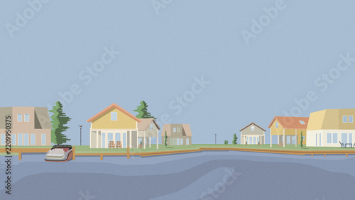 Waterfront village living with houses and docked boat