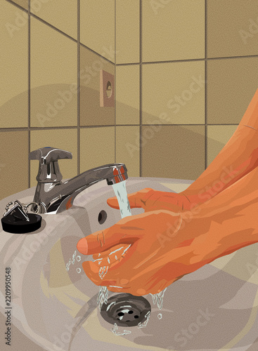 Hands washing under running water in sink