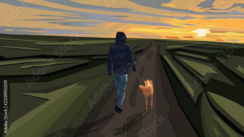 Person walking with dog on rural road at sunset