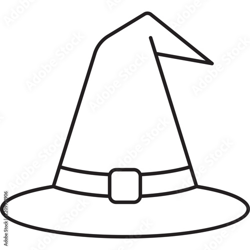 A minimalist vector line icon of a witch or wizard hat with a buckle, perfect for Halloween designs, web interfaces, and app icons.