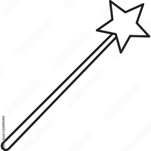 Minimalist black outline vector illustration of a magic wand with a star on top, perfect for icons, user interfaces, and simple designs.