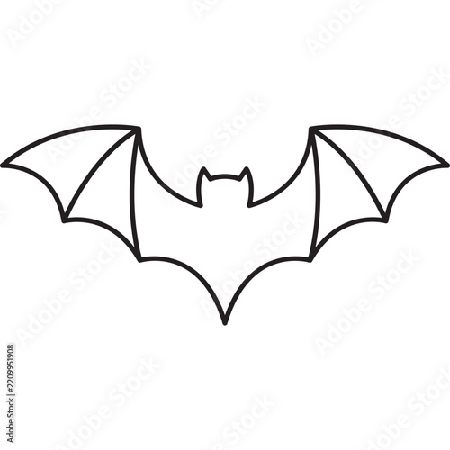 A simple vector line art illustration of a flying bat with spread wings, ideal for Halloween decorations, spooky themes, or minimalist icons.