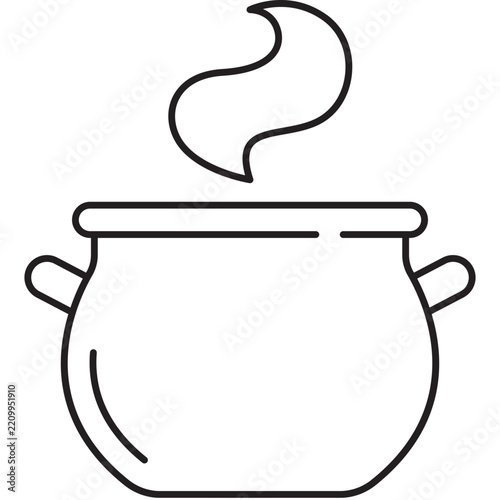 Minimalist outline vector illustration of a hot cooking pot or cauldron with steam rising, suitable for kitchen, recipe, or cooking concepts.