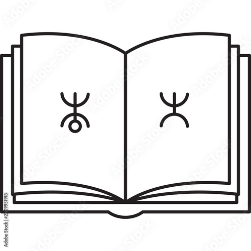 Minimalist outline vector icon of an open book featuring the Berber Amazigh Tifinagh symbol Yaz on its pages, representing North African culture, history, and language.