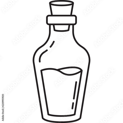 A simple line art illustration of a glass potion bottle sealed with a cork stopper, containing liquid.