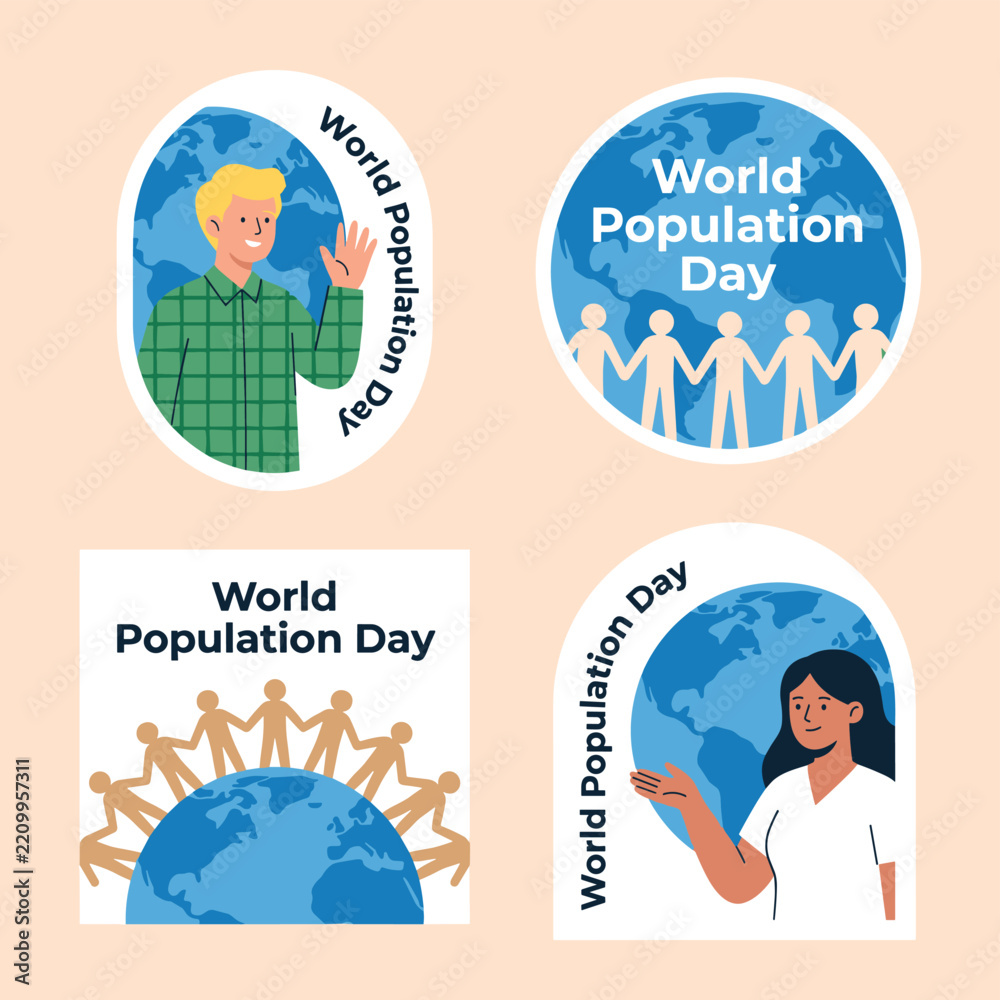 Fototapeta premium Global population day sticker set featuring diverse people and globe art