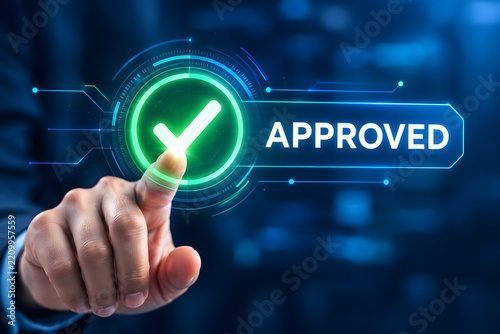 A professional businessman touching a glowing digital interface button with an approved checkmark symbol, representing success, quality control, and business validation.