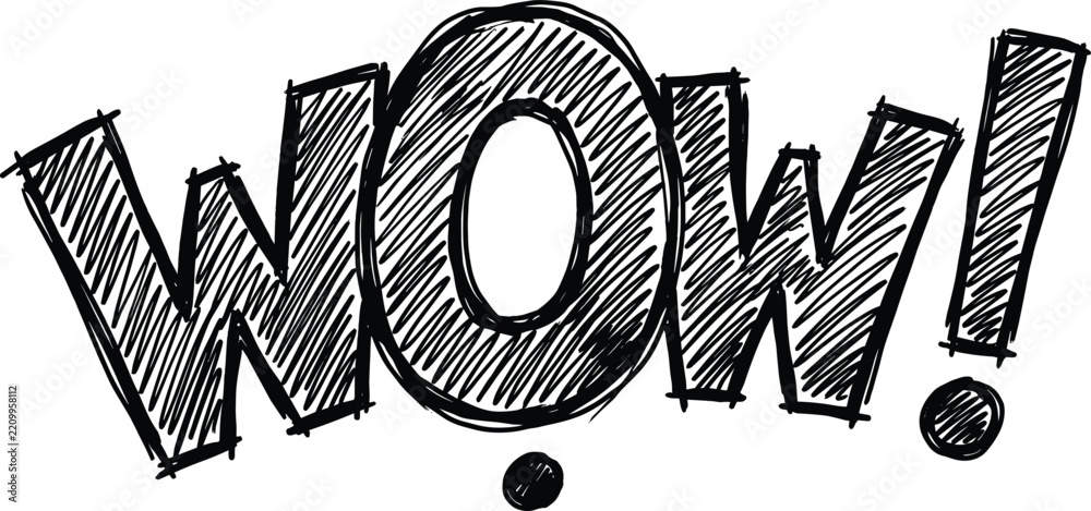 Fototapeta premium Wow comic bubble exclamation text hand drawn hatching sketch vector illustration isolated element for surprise reaction greeting
