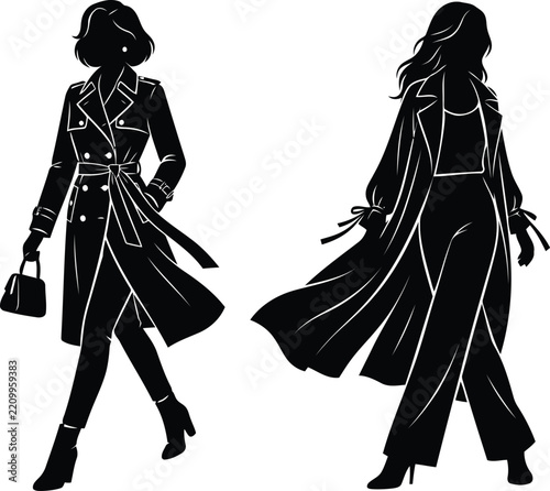Elegant Black Silhouette Fashion Models Wearing Modern Trench Coats and Long Outerwear with Handbags and Boots