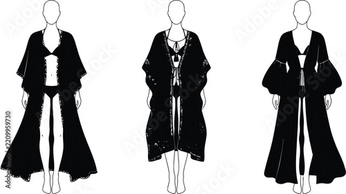Elegant Black Women’s Long Dress Collection Illustration Featuring Dramatic Sleeves, Layered Silhouettes, Gothic Details and Modern Fashion Styling