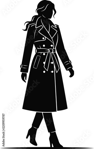 Elegant woman wearing a stylish black trench coat and boots, fashion silhouette illustration for modern apparel design
