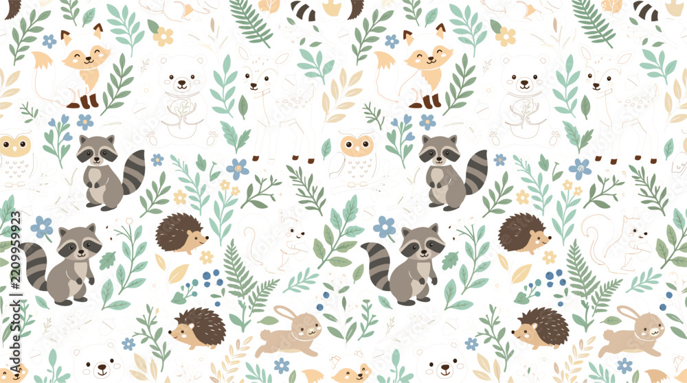 Obraz premium Minimalist Pastel Woodland Animals and Subtle Line Art Botanical Seamless Surface Pattern Featuring Cute Raccoons Foxes Bunnies