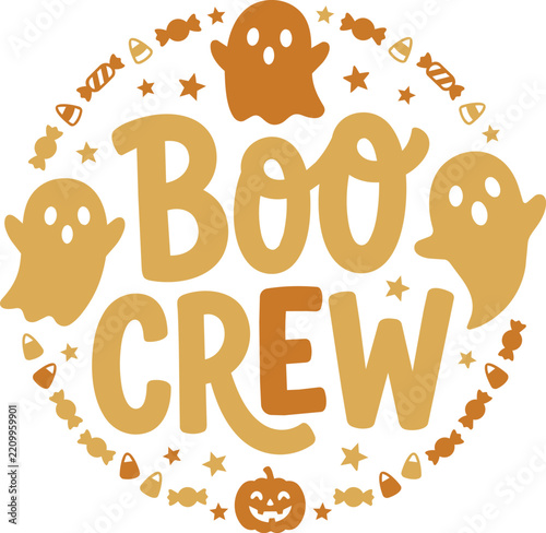 Obraz na plátně Fun Halloween themed boo crew logo with playful ghost graphics