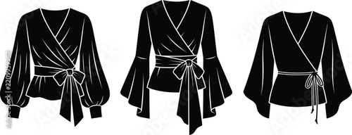 Elegant Wrap Blouse Collection Illustration, Three Black Women's Fashion Tops with Ties, Belts, Draped Sleeves and Modern Details