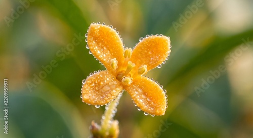 Extreme Macro of Single Glowing Osmanthus Blossom with Morning Dew Droplets