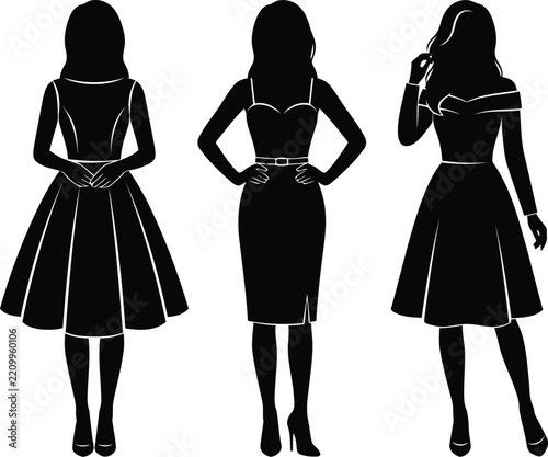 Three elegant women's dress silhouettes showcasing classic fashion styles, evening wear, summer dresses, and feminine clothing designs isolated on white
