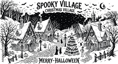 Spooky Christmas Village Vector Illustration with Haunted Houses, Bats, Pumpkins, Snowy Landscape, Gothic Church, and Halloween Holiday Atmosphere