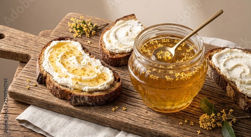 Artisanal Sourdough Toast with Whipped Ricotta and Golden Osmanthus Honey Drizzle