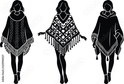 Three Elegant Women Wearing Stylish Ponchos, Traditional Patterned Capes, Fringe Details and Modern Fashion Vector Illustration