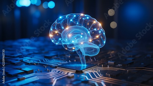 Glowing digital human brain floating above circuit board, representing artificial intelligence, neural networks and advanced technology