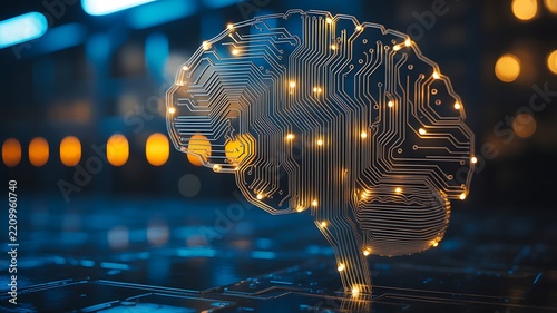 Futuristic artificial intelligence human head made of glowing circuit board technology in blue and gold