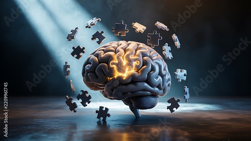 Creative artificial intelligence brain with glowing neural network and floating puzzle pieces symbolizing machine learning and problem solving