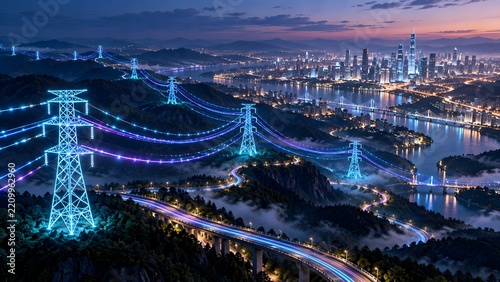 Futuristic cityscape at night illuminated by glowing power lines connecting transmission towers across rolling hills and mountains symbolizing energy distribution and smart grid
