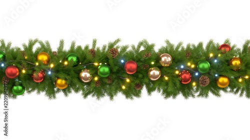 Decorative Christmas Garland with Green Evergreen Branches and Colorful Ornaments on White Background