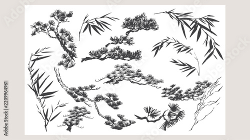 set of vector illustration of bamboo leaves branch card design with Chinese painting in traditional style.	