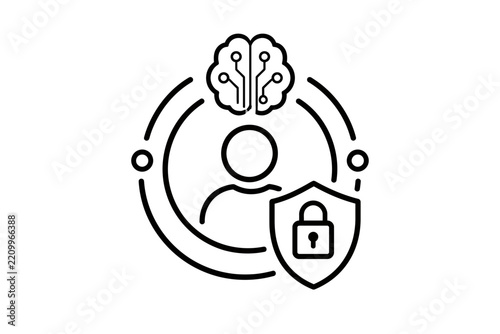 Artificial intelligence user protection and data security line icon representing privacy and cyber safety
