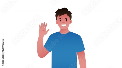 Smiling Young Man Waving with Friendly Greeting Gesture and Casual Blue Shirt Character Animation on White Background Prores Alpha 4K 60 fps Looping