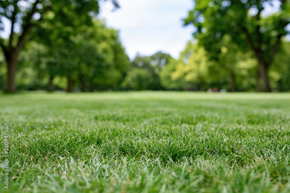 Obraz premium The Grass Field in a Sunlit Park Surrounded by Trees