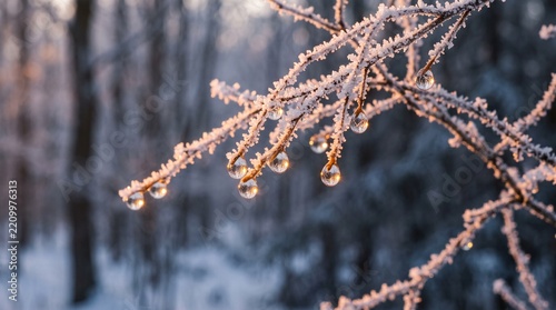 Frost covered tree branches with glowing ice droplets in a winter forest