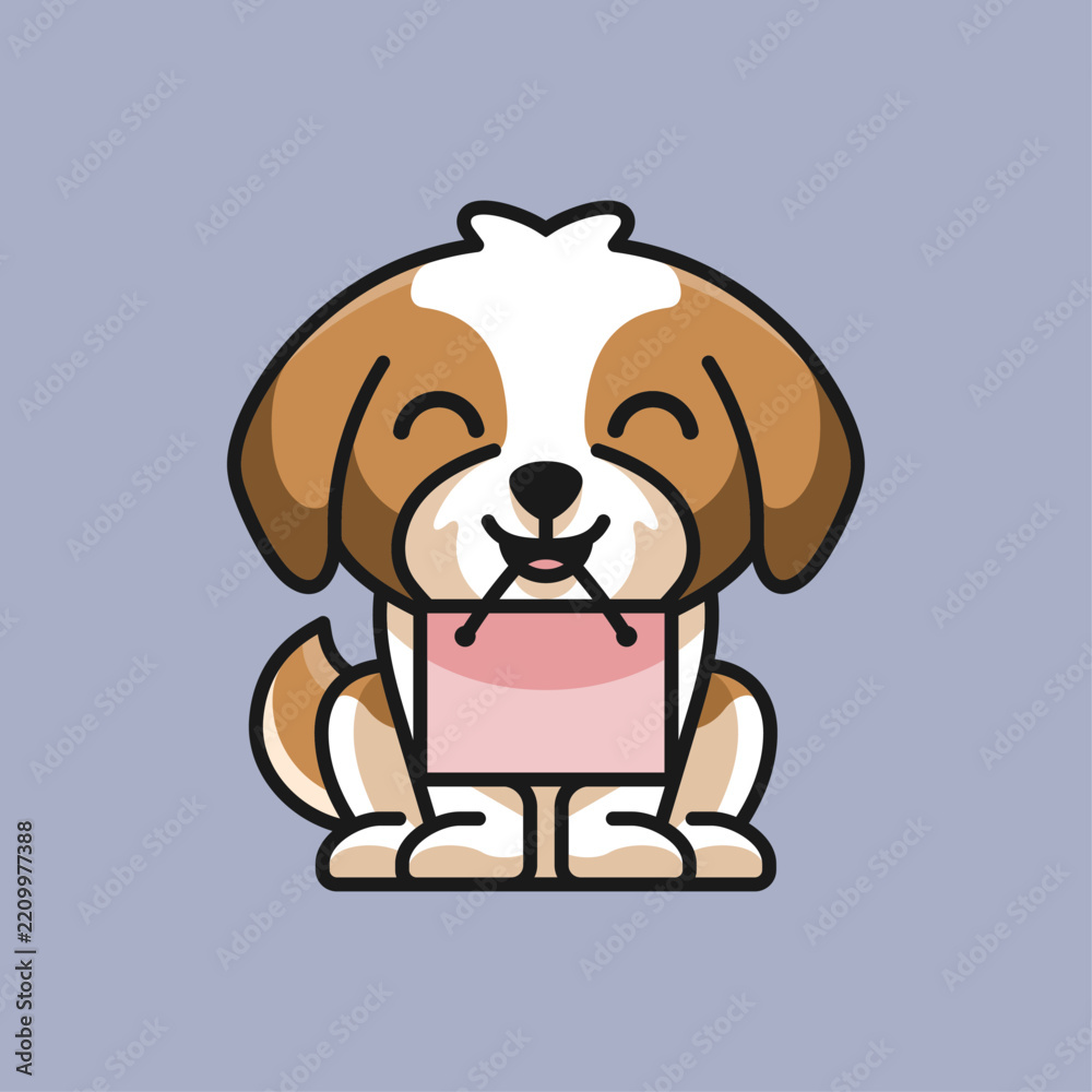 Fototapeta premium Endearing Puppy Sitting and Holding a Pink Paperbag with a Heart, Adorable Cartoon Dog Character Illustration for Love, Friendship and Greeting Messages