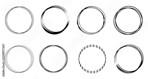 Eight hand drawn circular outline frames with varied sketch styles for creative borders, logos, backgrounds, and design elements