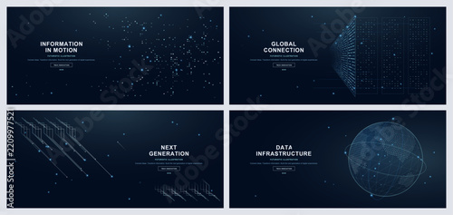Futuristic technology presentation banners, dark blue digital HUD backgrounds with lines and particles, vector templates