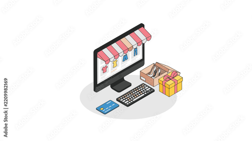 Obraz premium Corporate Online Shopping Computer Display Showing Clothing with Gift Boxes and Credit Card with high quality professional line art symbols for modern creative design and digital branding projects