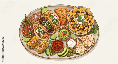 Traditional Mexican Food Feast Platter Illustration with Tacos and Salsa