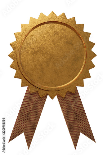 3d render bronze metallic award badge with brown ribbon isolated on transparent background