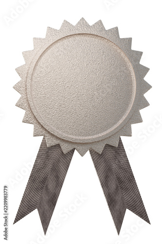3d render silver metallic award badge with grey ribbon isolated on transparent background
