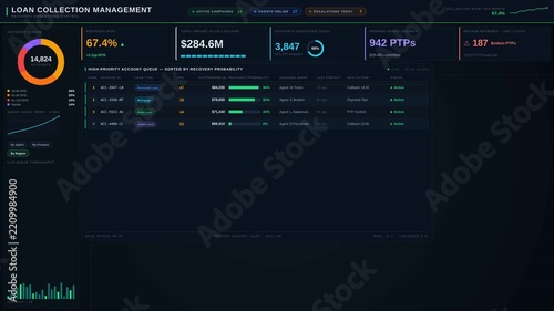 Explore a premium dark-mode loan collection management dashboard designed for financial recovery teams, featuring urgent data display and refined visual aesthetics.