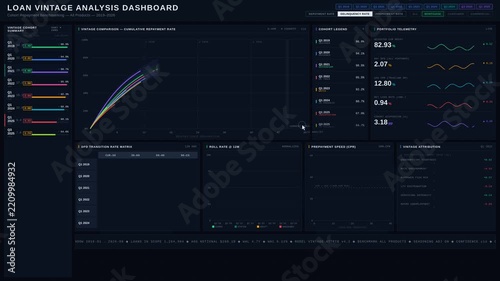 Explore a dark-mode loan vintage analysis dashboard showcasing repayment behavior across various origination cohorts with stunning visual precision and detailed analytics.