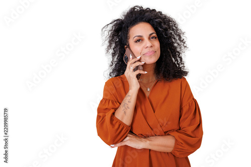 Mature woman having phone call, communicating on smartphone, looking confident and smiling, with transparent background