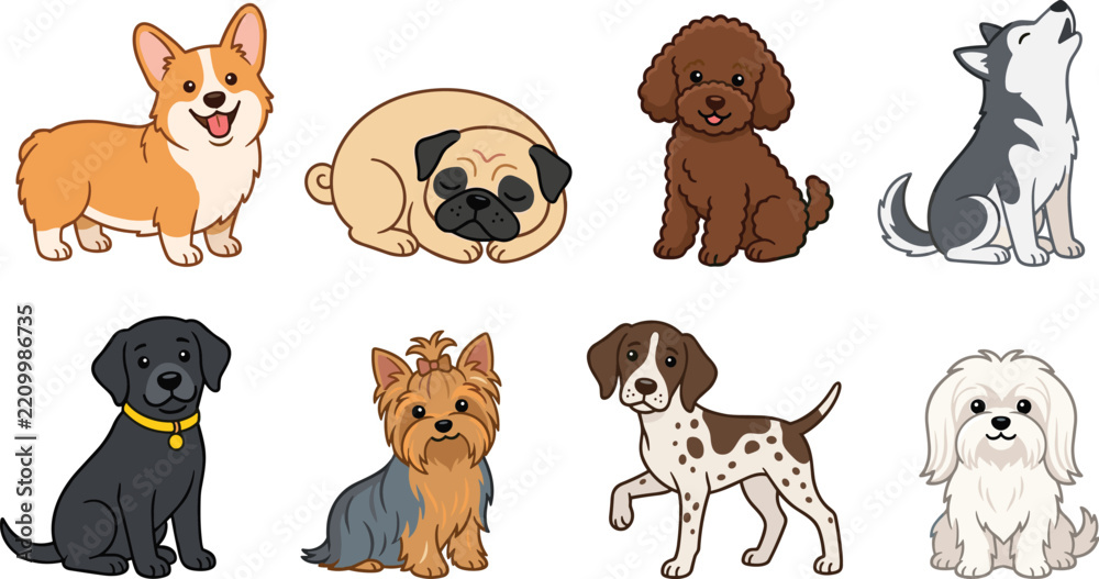 Fototapeta premium Vector cartoon set of cute purebred dogs and domestic puppy breeds
