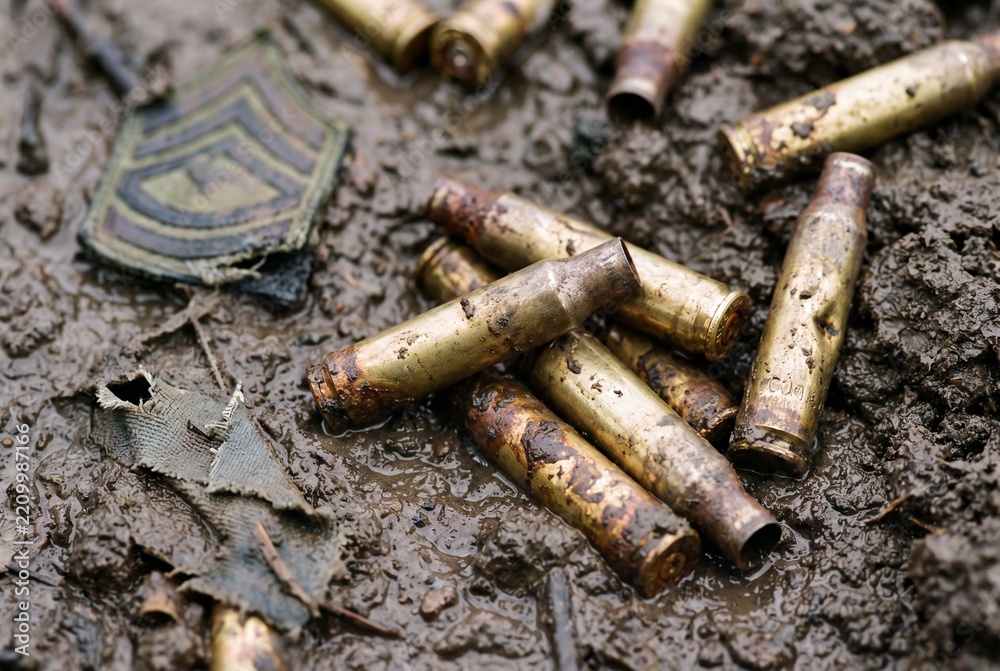 Obraz premium Spent bullet casings and a military rank insignia lie discarded in muddy ground, evoking a sense of conflict and its aftermath.
