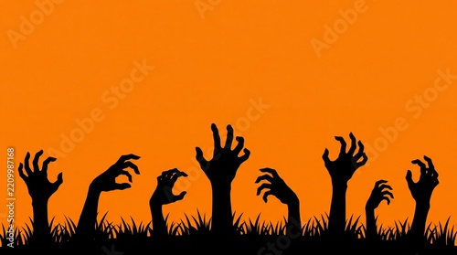 Creepy zombie hands rise from the ground on a spooky Halloween night, creating a terrifying atmosphere.